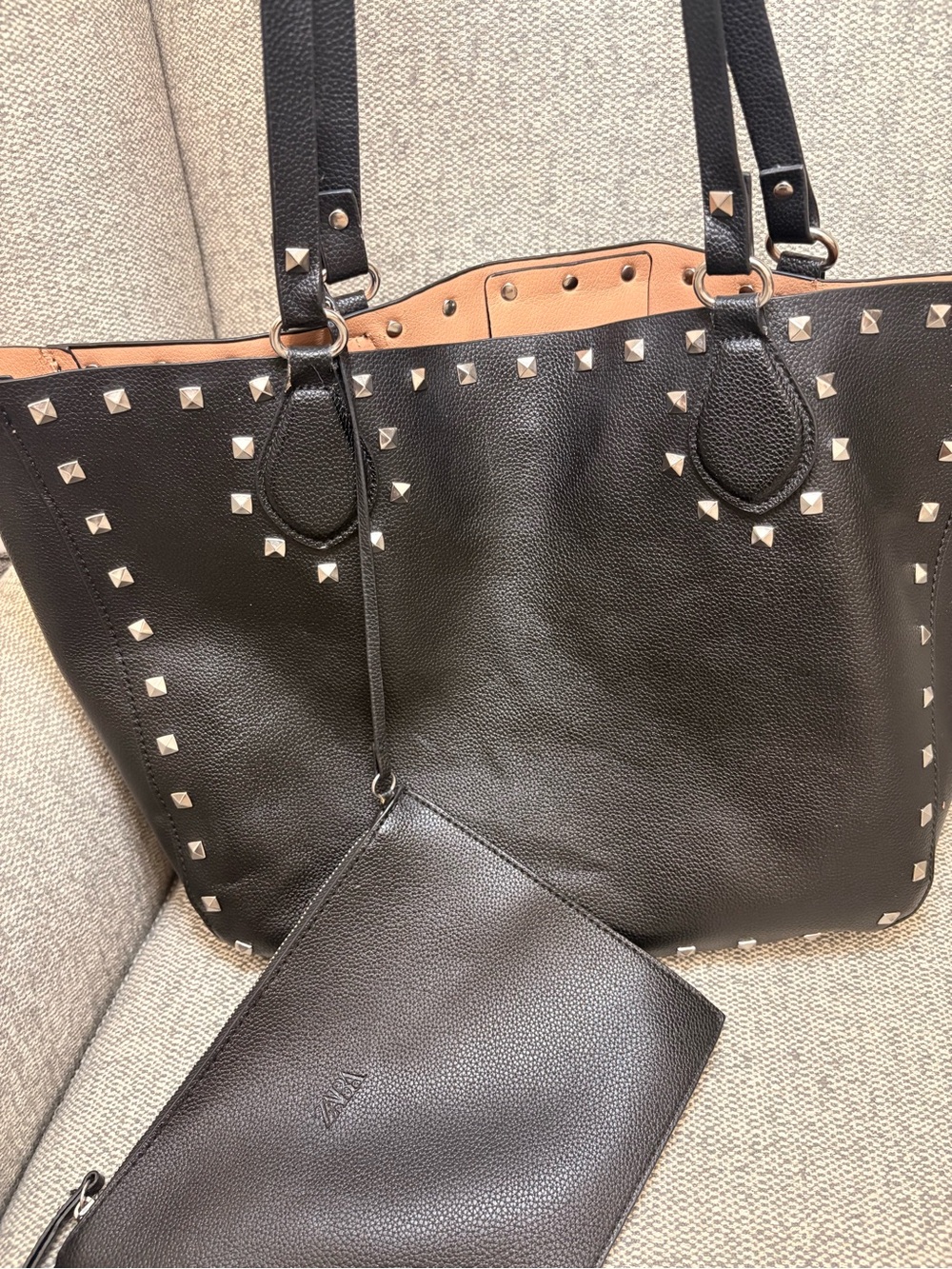 ZARA Stud-Trim Black Leather Tote with Wristlet